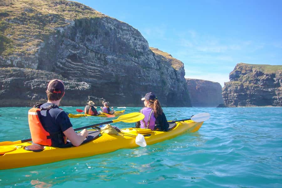 Akaroa: 4WD Safari and Guided Sea-Kayaking Experience - Getting into the double kayaks