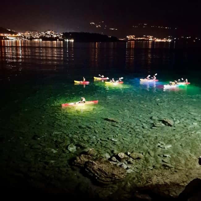 Budva: Night Lights Kayaking Tour - St. Nicholas Island and the swimming stop