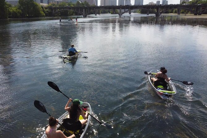 Downtown Austin Skyline Clear Kayak Tour at Lady Bird Lake - Passing Congress Avenue Bridge and its famous bats