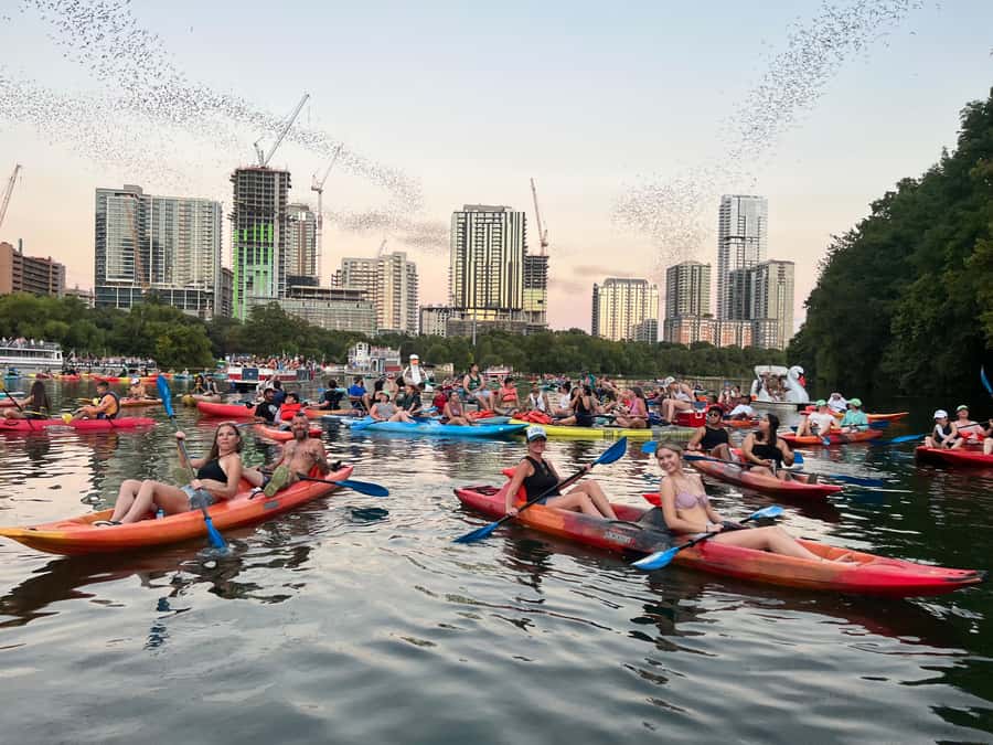 Downtown Sunset Tandem Kayak with 1.5M Bats - Meeting beneath IH-35 and getting on the water