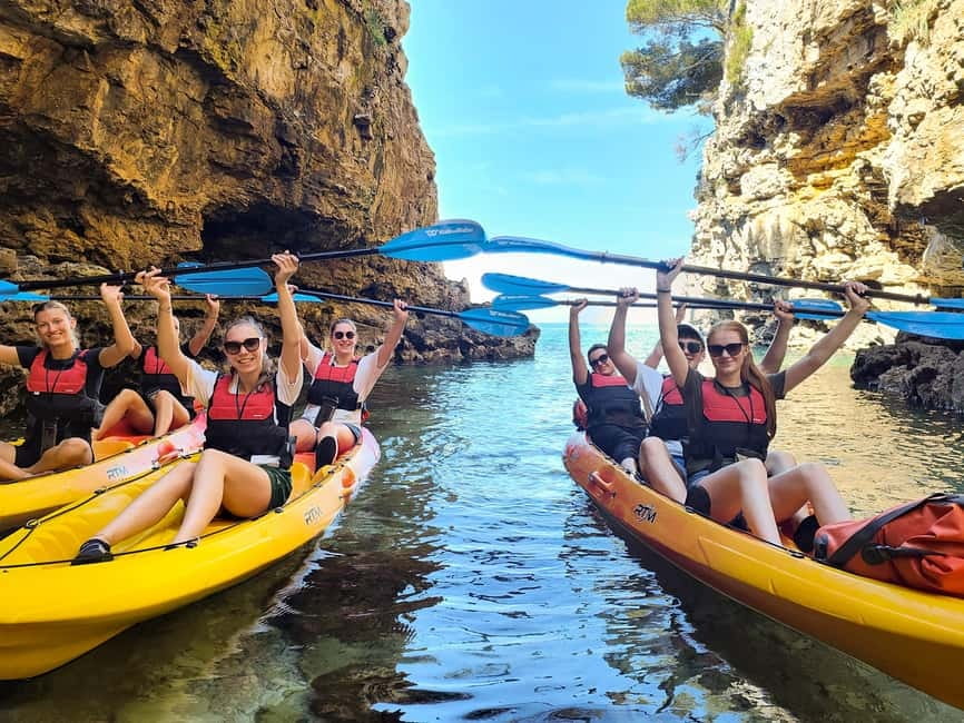 Pula: Cave Kayak Tour, Snorkeling and Island Jumping - Leaving Ambrela Beach by kayak