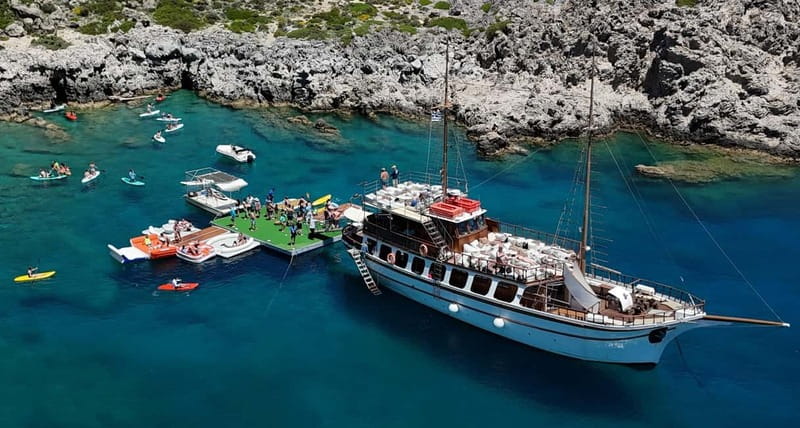 Rhodes: Gulet Trip with Food, Drinks, SUP, Kayak & Swimming - Ladiko’s floating Fun Island