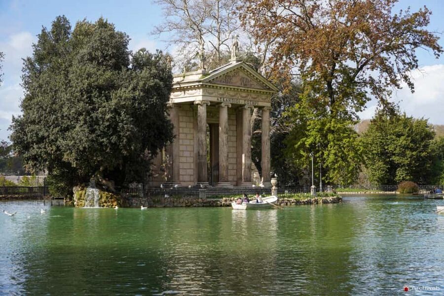 ROME: Villa Borghese Lake tour by boat paddling independently +aperitivo - The Temple of Aesculapius and its quiet setting