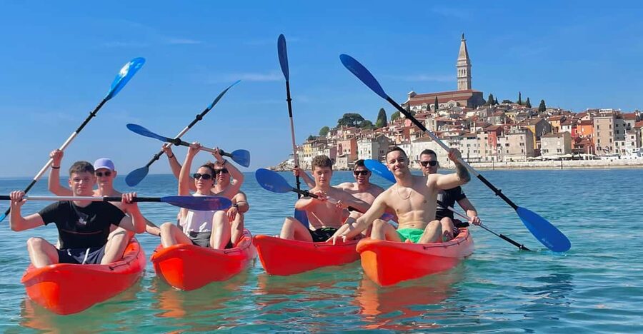 Rovinj:BUBA KAYAK TOURS:snorkeling,jumping,FREEdrinks&photos - Meeting the orange kayaks at Porton Biondi
