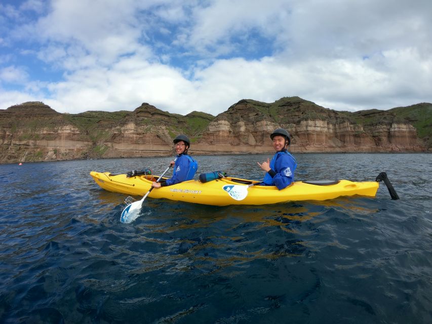 Santorini: Sea Caves Kayak Trip with Snorkeling and Picnic - White Beach and the optional cliff jump