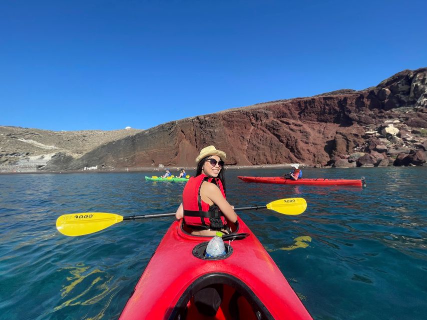 Santorini: South Sea Kayaking Tour with Sea Caves and Picnic - Red Beach from the water