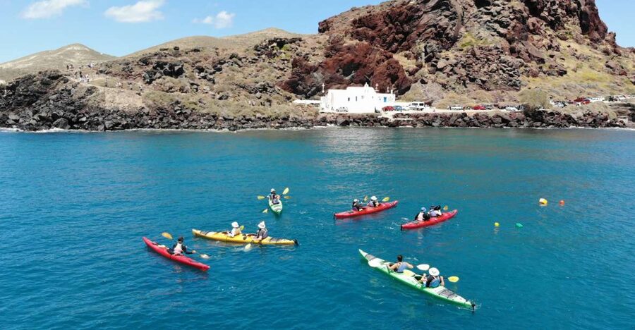 Santorini: South Sea Kayaking Tour with Sea Caves and Picnic - White Beach, swimming, and the picnic